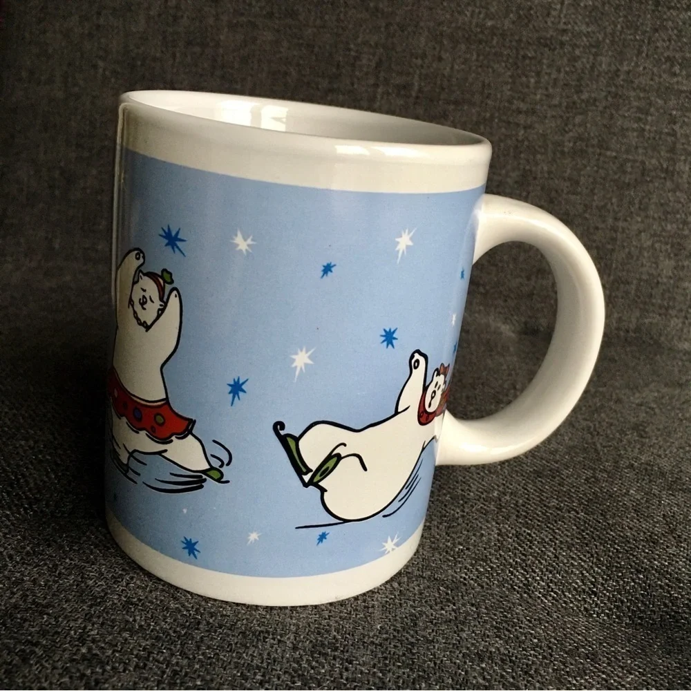 Ice Skating Bears Coffee Mug, Blue, White, 12 oz